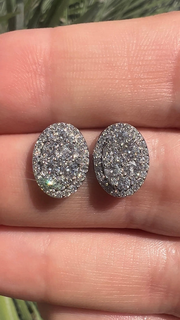 14K Gold Diamond Oval Shape Halo Stud Earrings