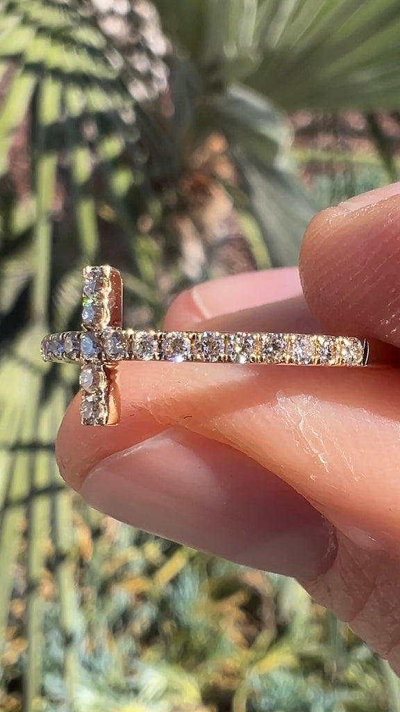14K Gold Diamond Sideways Cross Ring