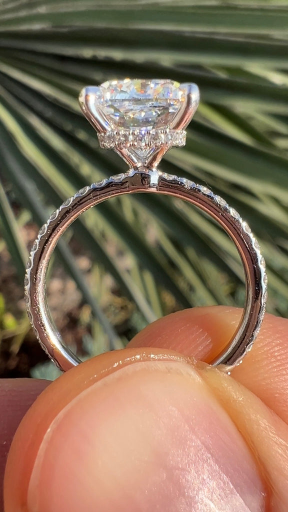 3 Carat Cushion Cut Lab Diamond Engagement Ring with Hidden Halo