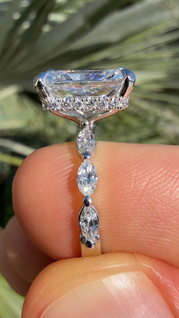 4 Carat Radiant Diamond Shared Prong Engagement Ring with Hidden Halo