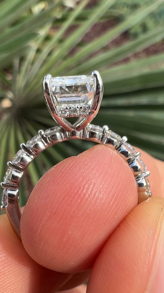 4 Carat Emerald Lab Diamond Shared Prong Engagement Ring Hidden Halo Ring