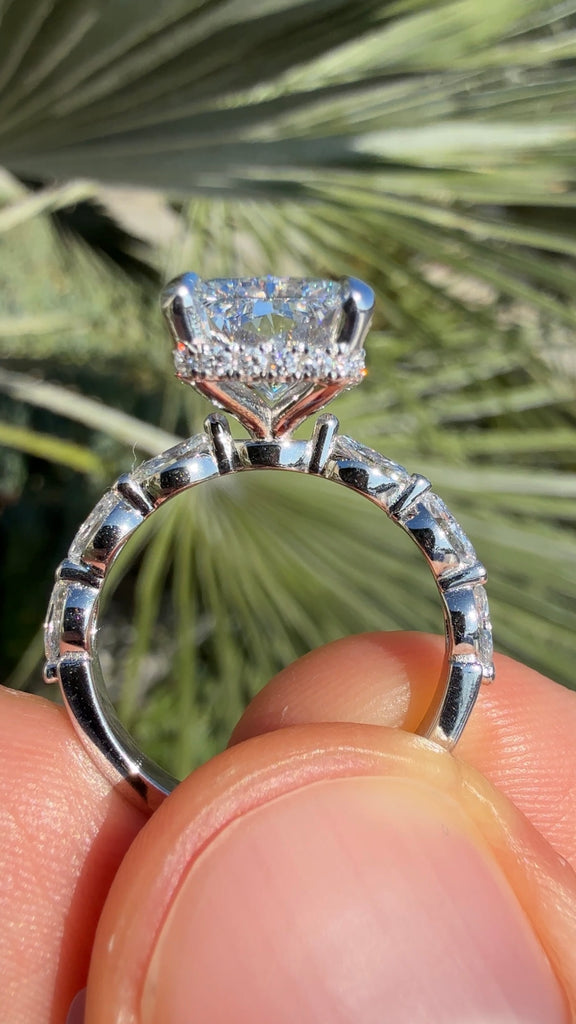 4 Carat Radiant Diamond Shared Prong Engagement Ring with Hidden Halo