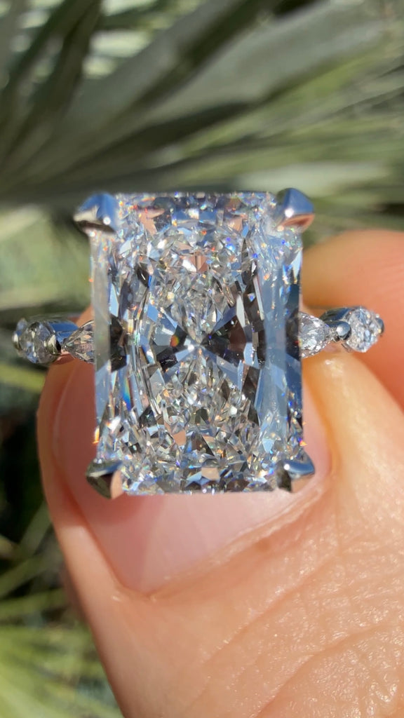 4 Carat Radiant Diamond Shared Prong Engagement Ring with Hidden Halo