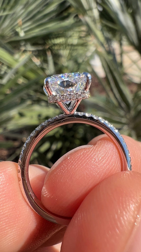 Lab Grown 3 Carat Radiant Diamond Engagement Ring with Hidden Halo of Diamonds