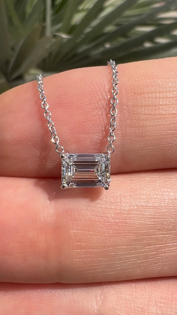  Lab Grown Emerald East-West Diamond Solitaire Necklace
