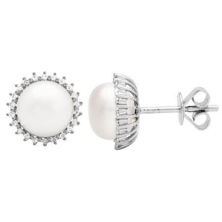 Pearl Diamond Halo Stud Earrings 