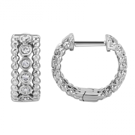 Round Diamond Bezel Huggie Earrings with Beaded Detailing 14K Gold