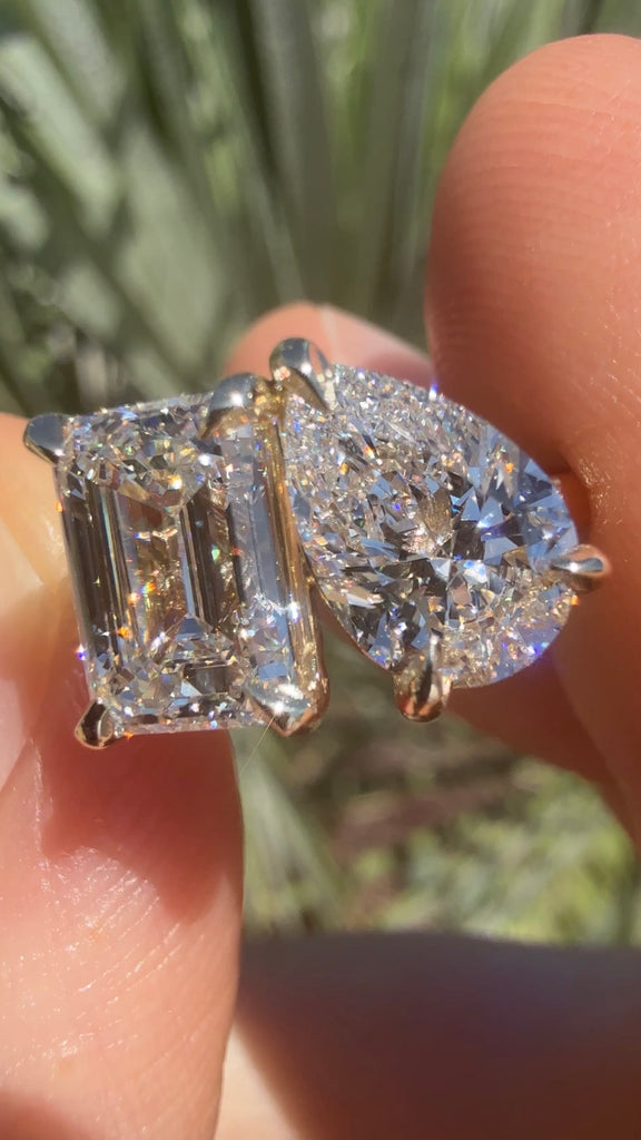 Toi et Moi Emerald Pear Lab Diamond Solitaire Engagement Ring