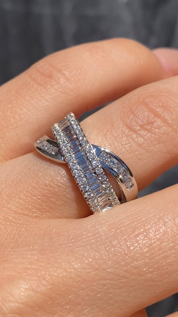 Baguette and Round Diamond Crossover Ring Eternity Band