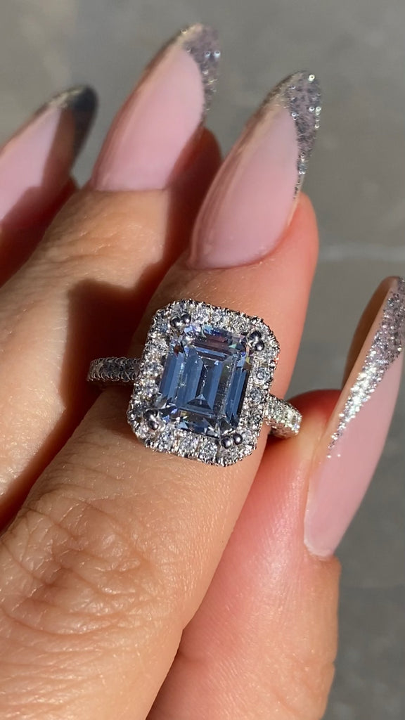 Emerald Cut Diamond 2D Halo Engagement Ring with 3D Diamond Setting