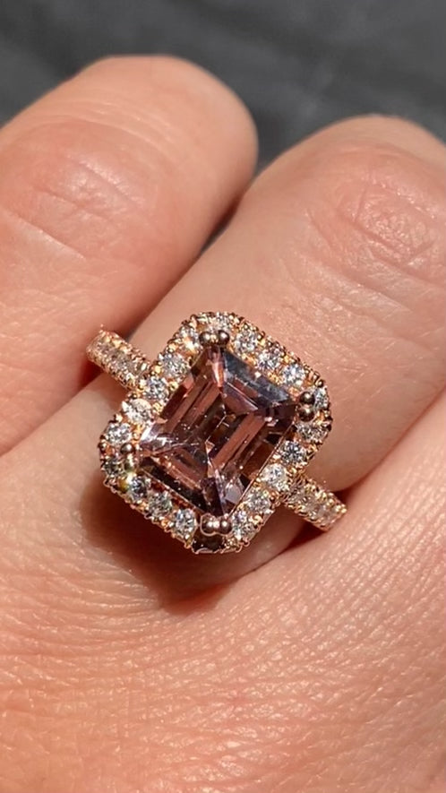 Emerald Cut Morganite Diamond Engagement Ring with 2D Halo and 3D