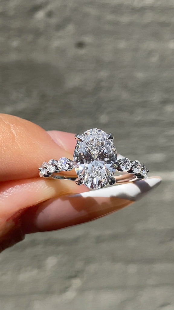 Lab Grown Oval Diamond Shared Prong Engagement Ring with Hidden Halo