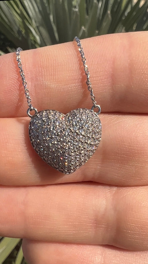 Large Diamond Heart Necklace Puffed Diamond Pave Heart Pendant'