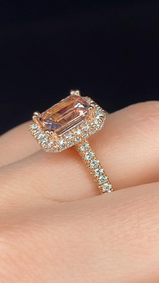 Morganite Halo Diamond Engagement Ring 14K Rose Gold