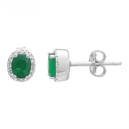 Oval Emerald Stud Earrings with Diamond Halo
