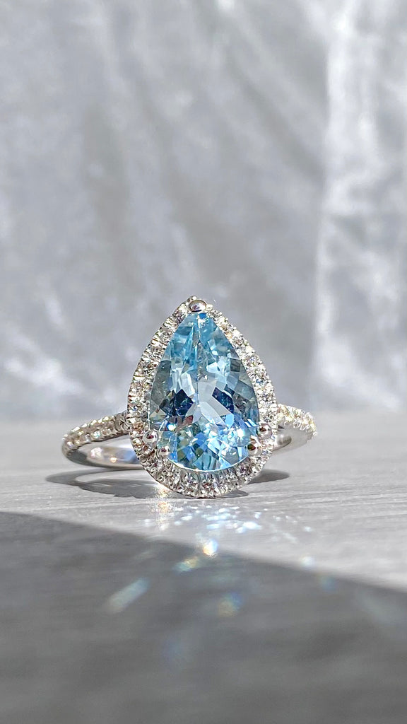 Pear Shaped Diamond Halo Aquamarine Ring