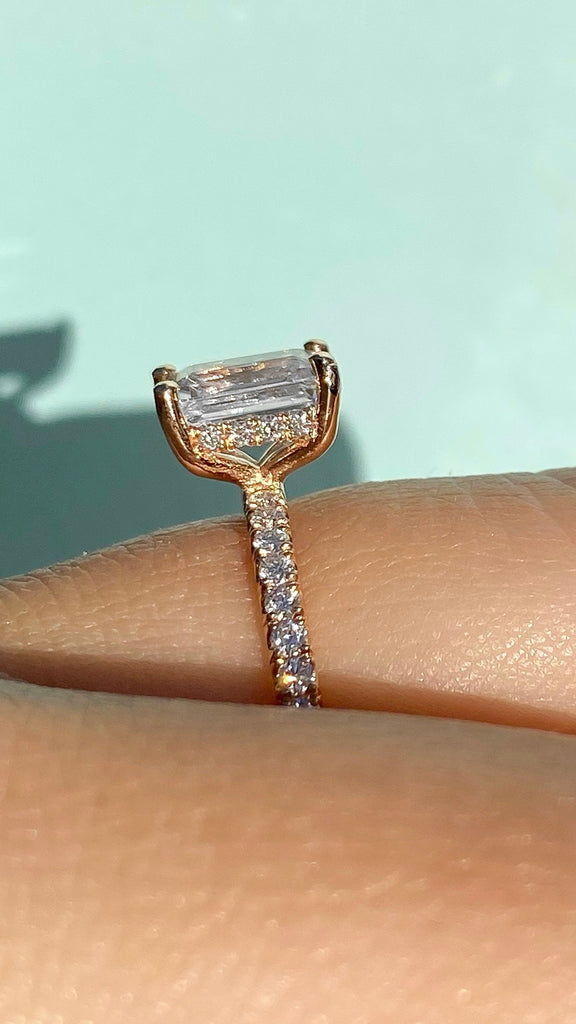 Emerald Cut Diamond Engagement Ring with Under Halo