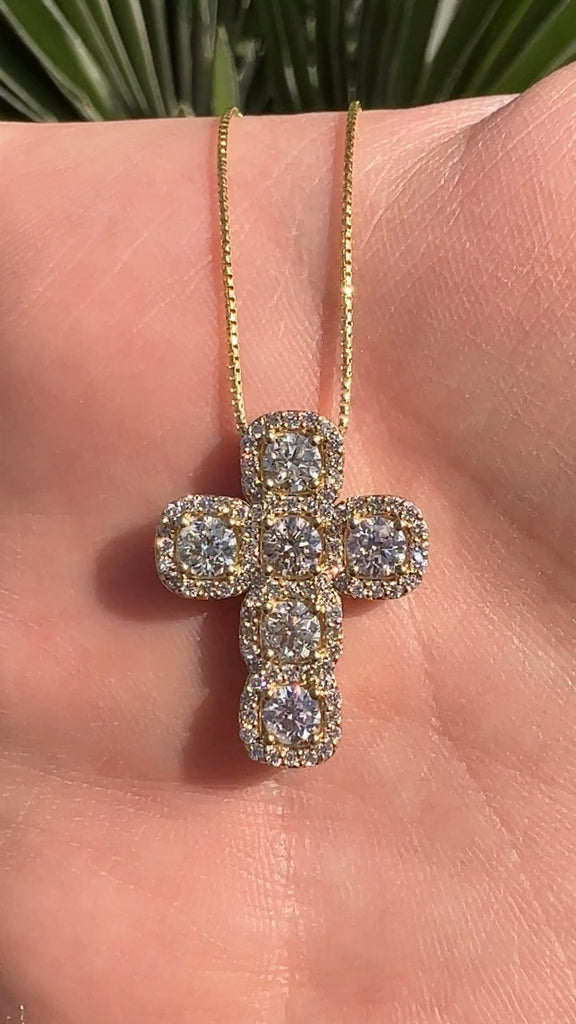 Round Diamond Halo Diamond Cross Necklace Gold